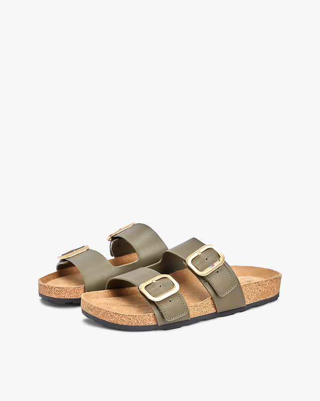 Leather Double Strap Cork Sandals - Platinum Olive