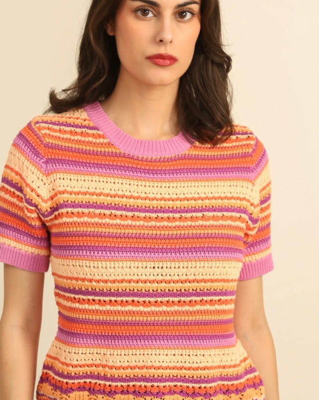 Eva Crochet Stripe Short Sleeve Sweater - Pink