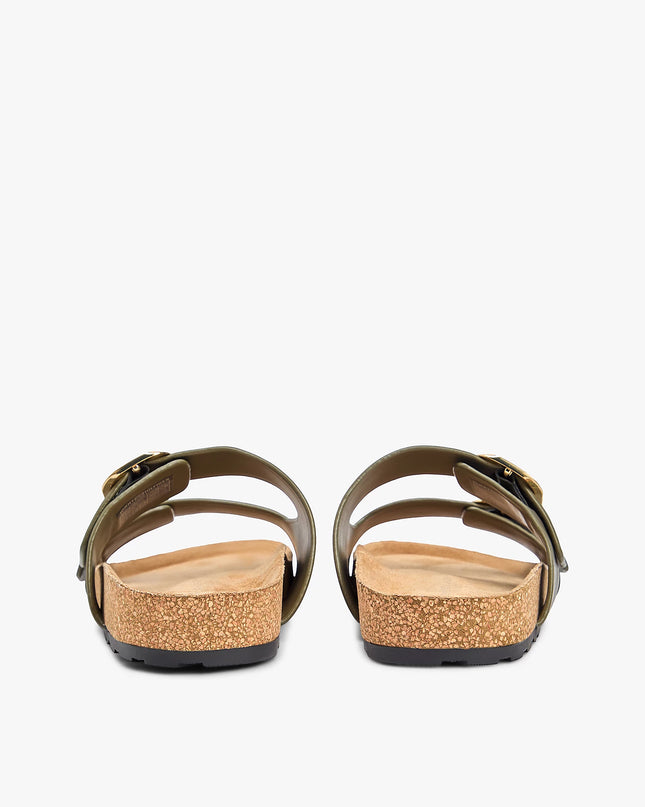Leather Double Strap Cork Sandals - Platinum Olive
