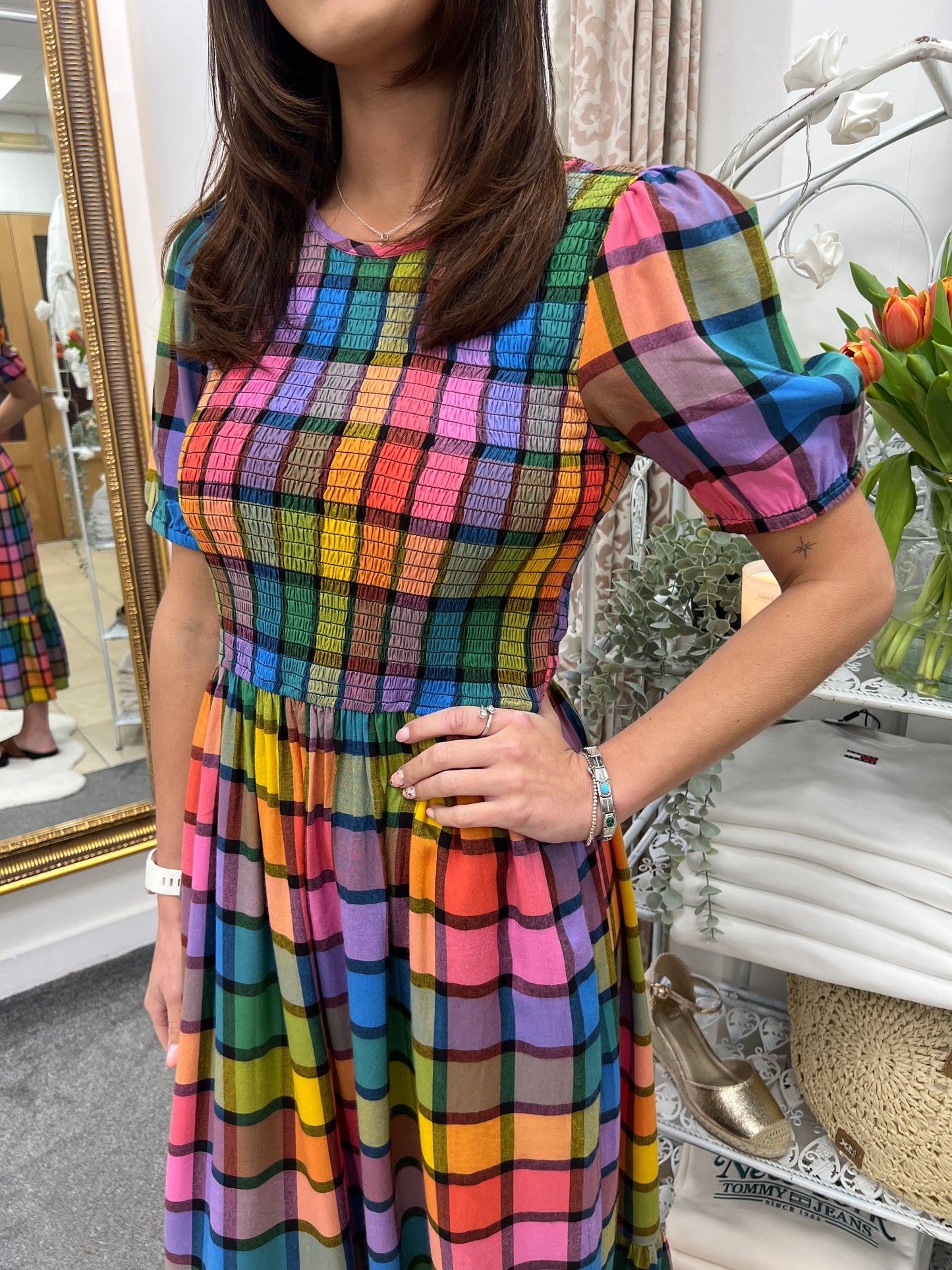 Yolanda Midi Shirred Dress - Multi, Summer Rainbow Check