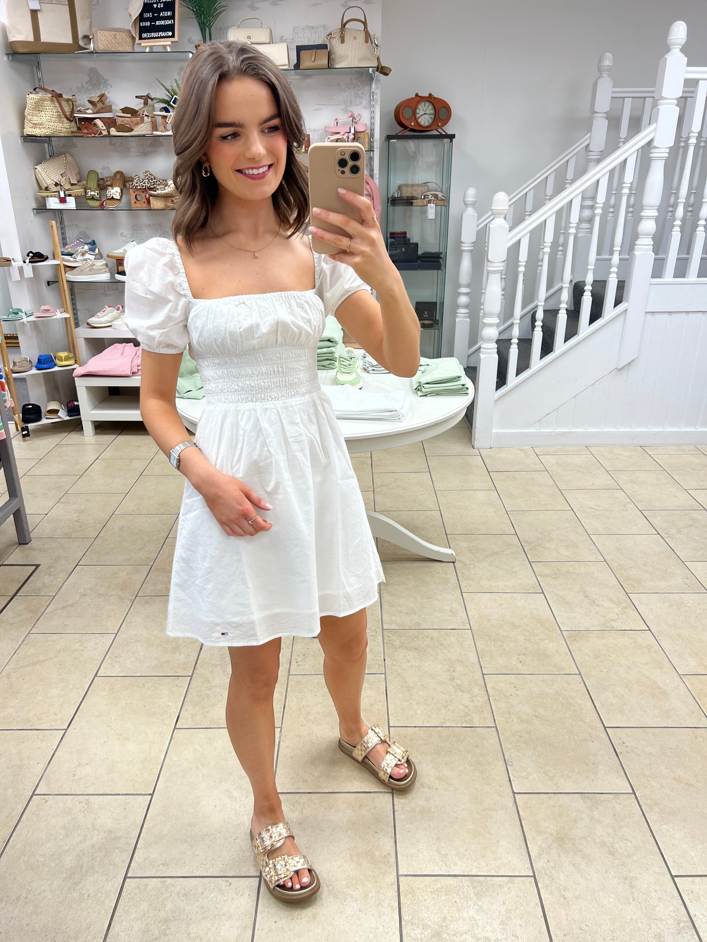 Voile Square Neck Mini Dress - Ecru