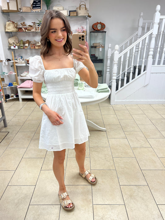 Voile Square Neck Mini Dress - Ecru
