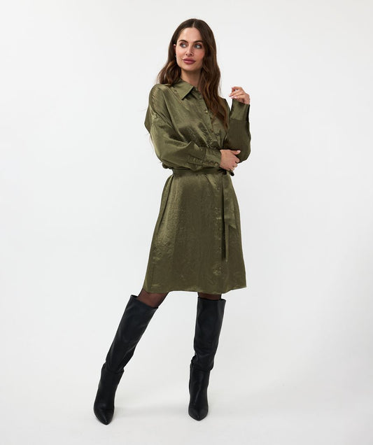 EsQualo - Crushed Satin Dress - Olive Green