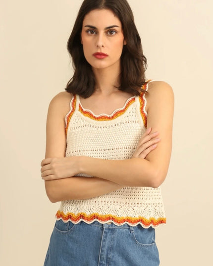 Savannah Scallop Trim Crochet Tank Top - Beige