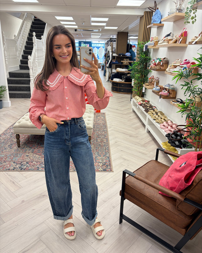 Mia Scalloped Peter Pan Collar Blouse - Red Gingham