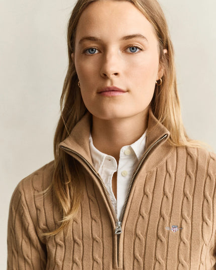 Stretch Cotton Cable Knit Half Zip Sweater - Warm Khaki