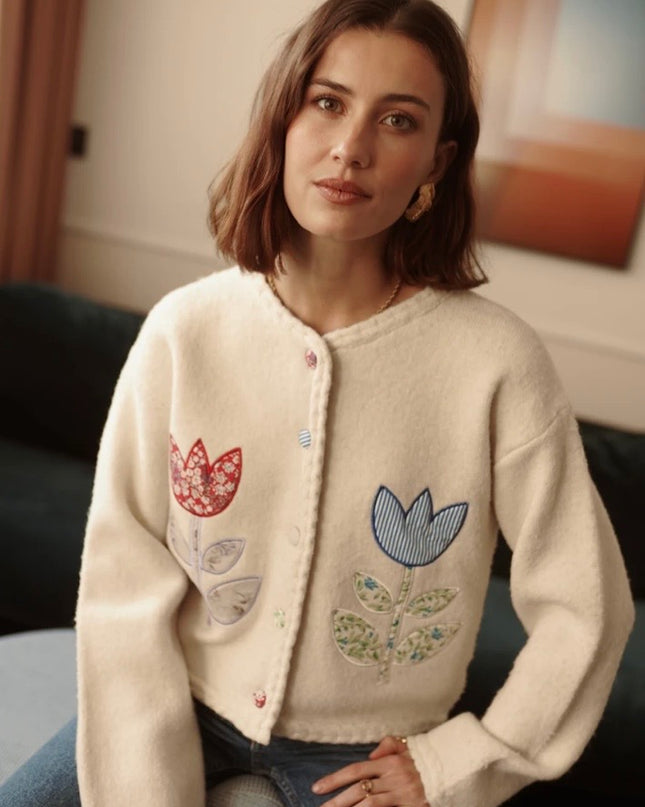 Layla Soft Knit Floral Cardigan - Beige