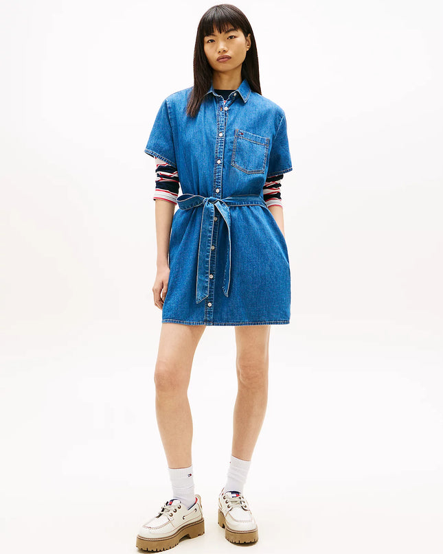 Chambray Belted Mini Shirt Dress