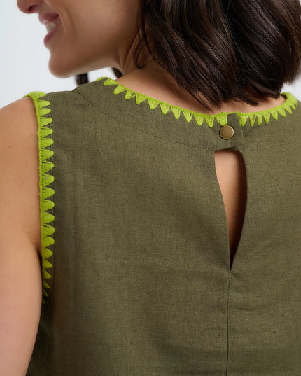 Senna Top - Olive, Decorative Stitch