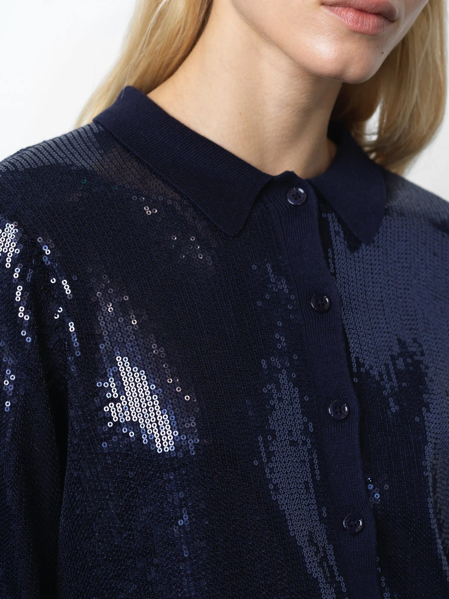 Hannah Knit Sequin Long Sleeve Button Through Top - Navy