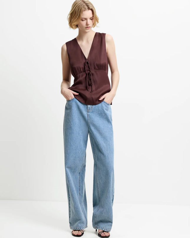 Candice Satin Bow Tie Top - Espresso Brown