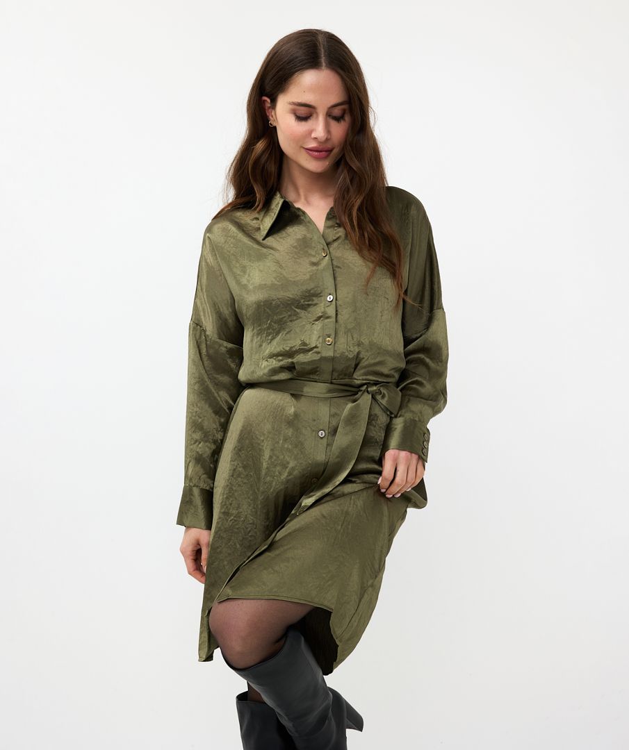 EsQualo - Crushed Satin Dress - Olive Green