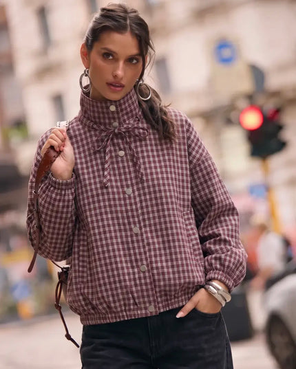 Anna Feminine Check Bomber - Wine
