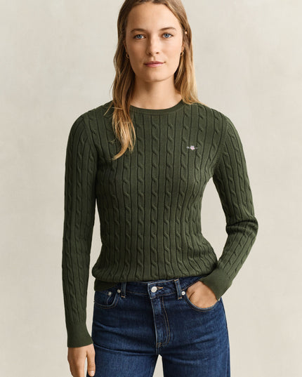 Stretch Cotton Cable Knit Crew Neck Sweater - Mossy Green