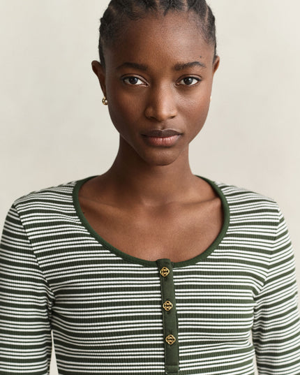 Ribbed Long Sleeve Henley Top - Mossy Green