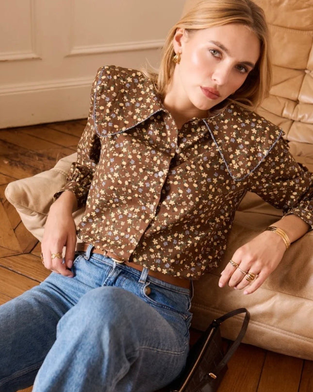 Georgia Floral Blouse with Peter Pan Collar - Brown