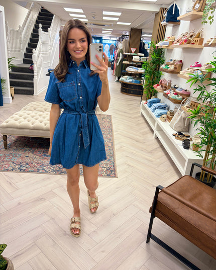 Chambray Belted Mini Shirt Dress