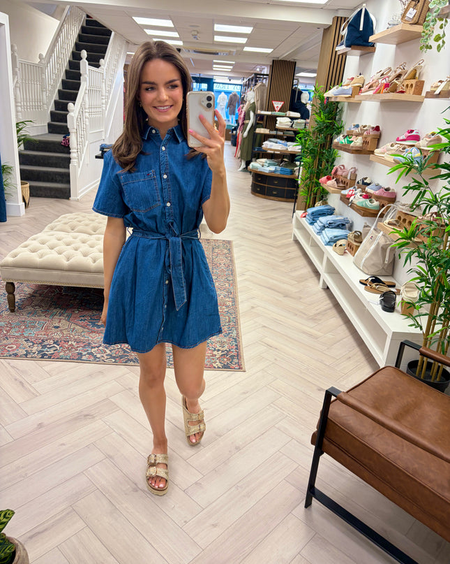 Chambray Belted Mini Shirt Dress