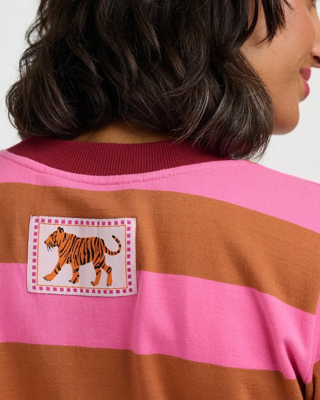 Mindy Blouson Sleeve Sweatshirt - Pink/Brown, Wide Stripe