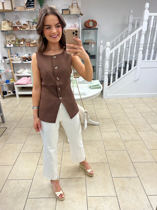 Harrie Suiting Waistcoat Top - Chocolate Brown