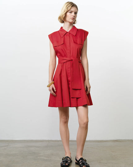 Alexis Cotton Belted Dress - Watermelon Red