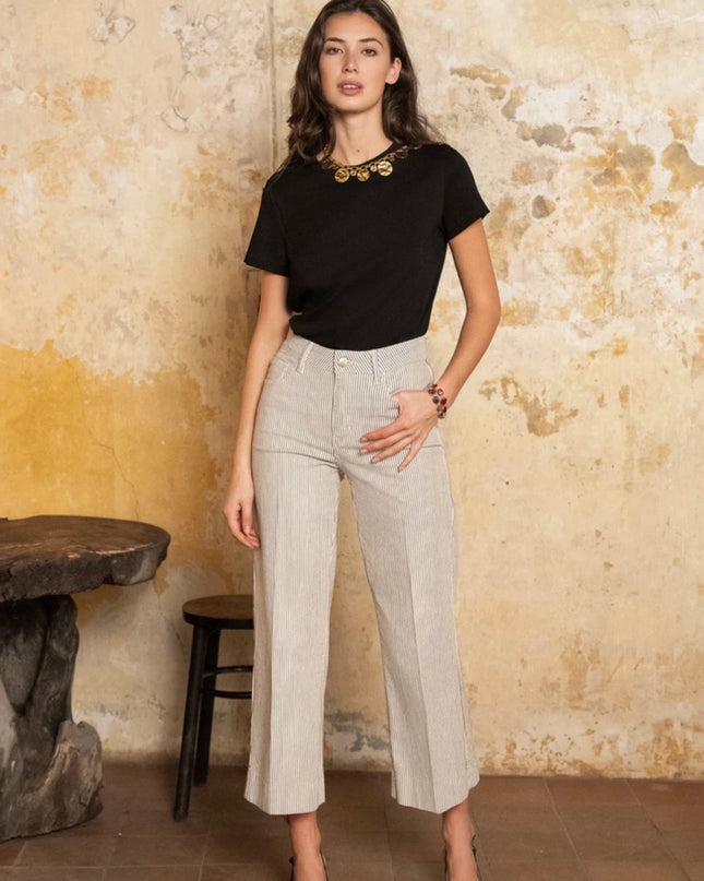 Windy Wide Leg Stripe Jean - Taupe