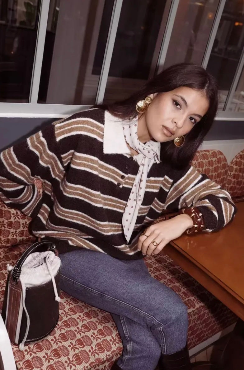 Niamh Knit Rugby Polo - Dark Maroon Stripe