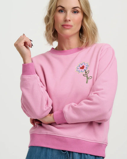 Mindy Blouson Sleeve Sweatshirt - Pink, Heart Flower