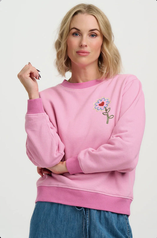 Mindy Blouson Sleeve Sweatshirt - Pink, Heart Flower