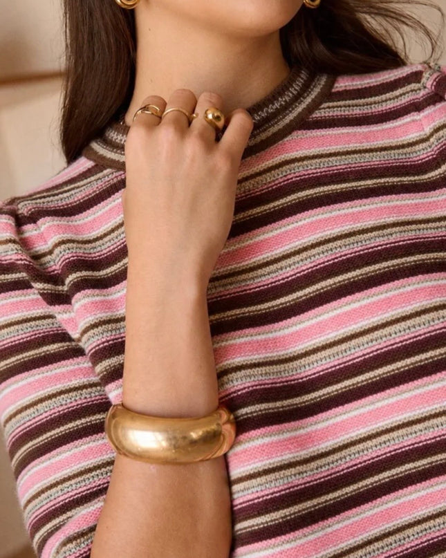 Matilda Striped Short Sleeve Sweater - Burgundy