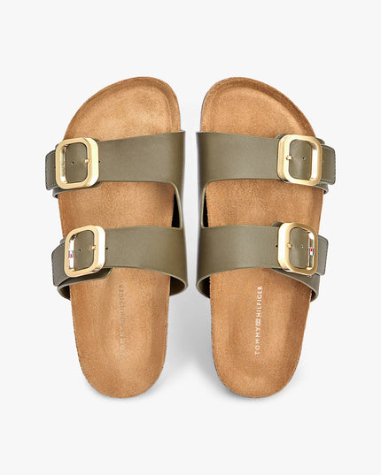 Leather Double Strap Cork Sandals - Platinum Olive