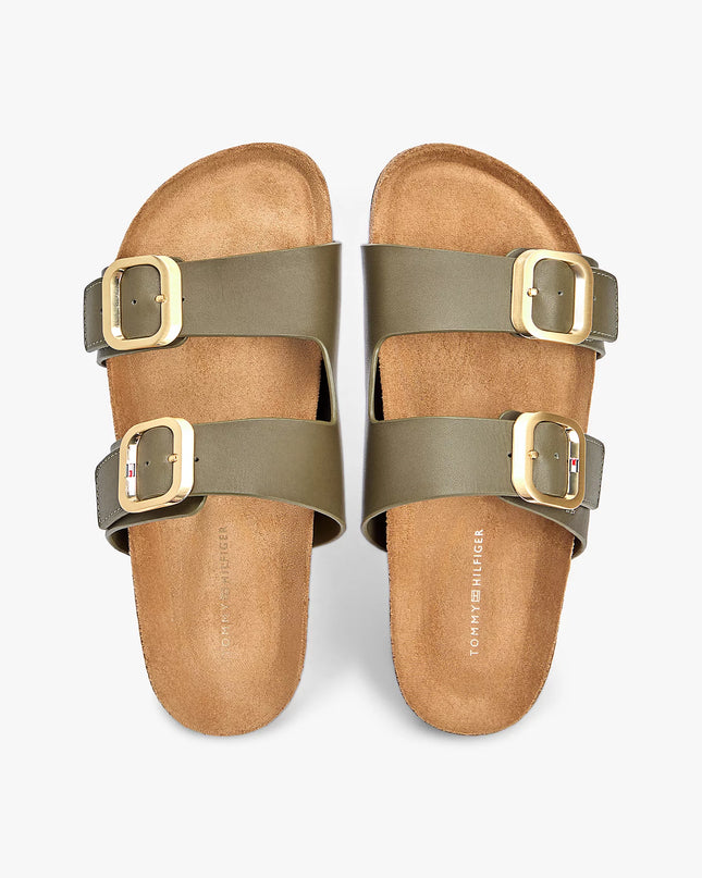 Leather Double Strap Cork Sandals - Platinum Olive