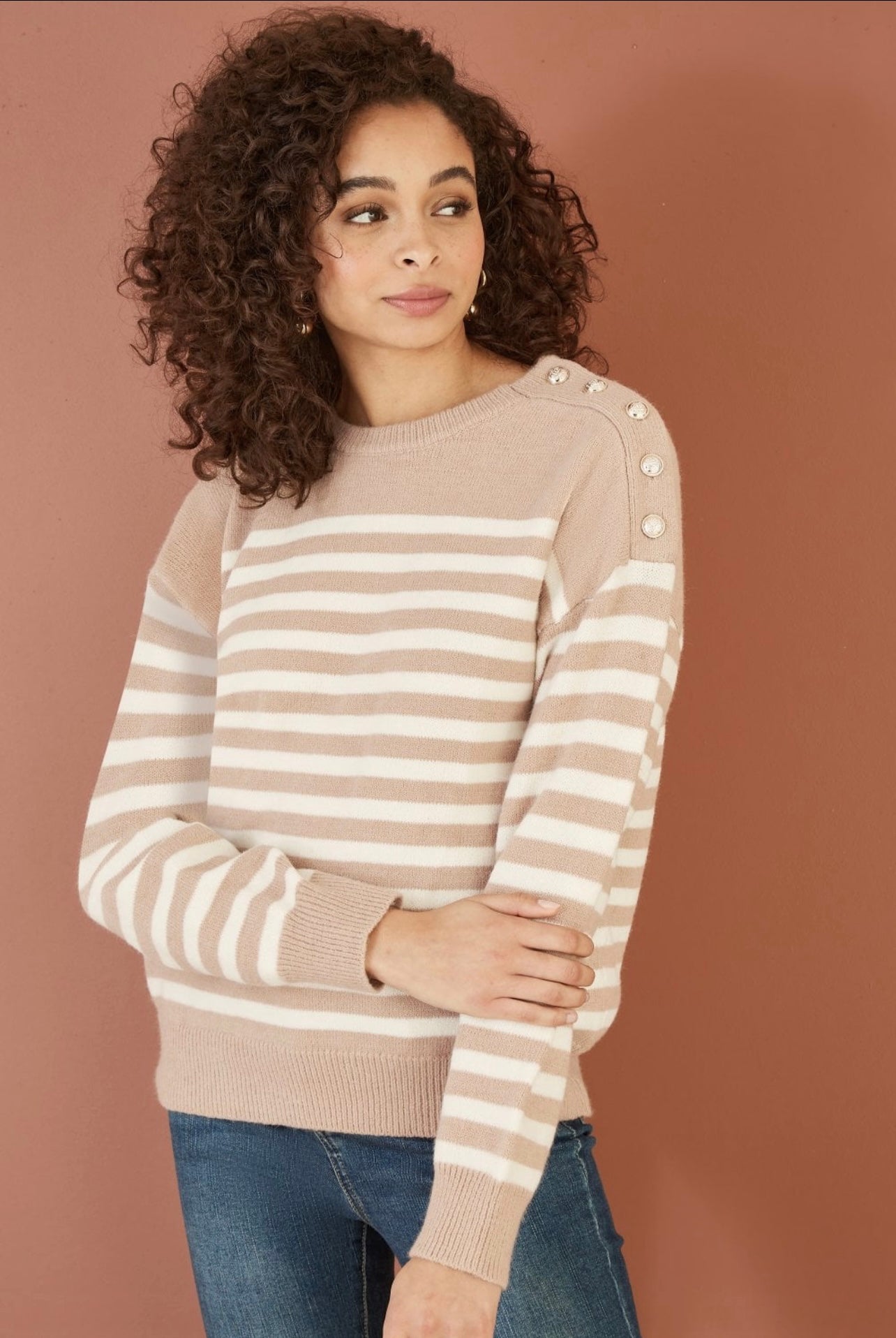 Yumi - Stripe Knitted Relaxed Jumper With Button Details - Beige