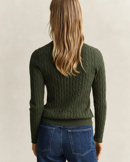 Stretch Cotton Cable Knit Crew Neck Sweater - Mossy Green