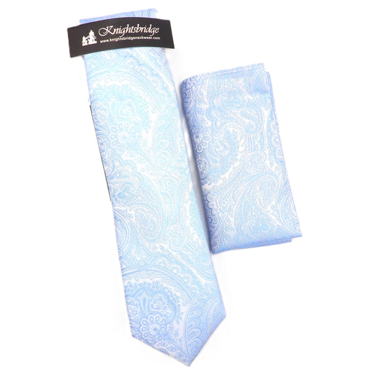 Solid Baby Blue Paisley Tie & Pocket Square