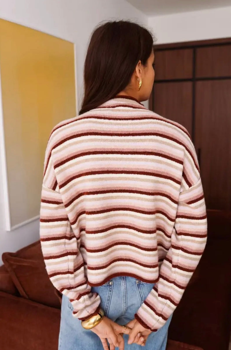 Anna Retro Stripe High Neck Cardigan - Burgundy