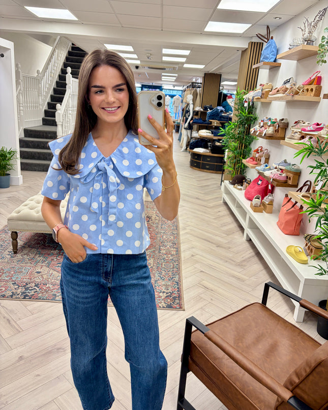 Lana Retro Polka Dot Peter Pan Top - Blue