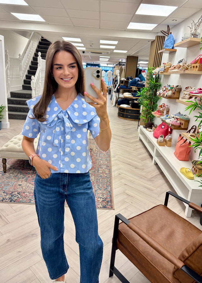 Lana Retro Polka Dot Peter Pan Top - Blue