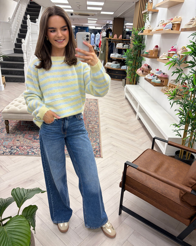 Maya Soft Striped Wool Blend Sweater - Lemon/Sky Blue