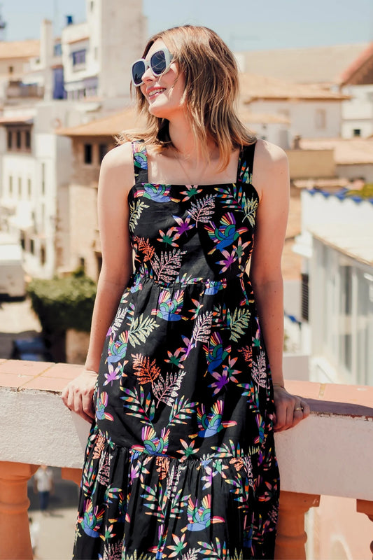 Charlotte Maxi Tiered Sundress - Black, Rainbow Toucans