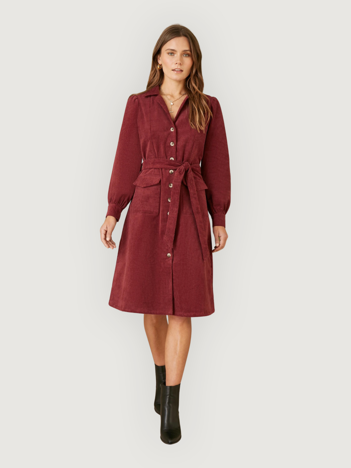 Yumi - Needle Cord V-Neck Dress - Burgundy