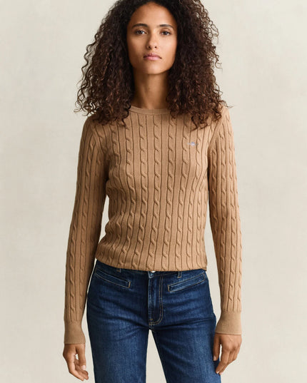 Stretch Cotton Cable Knit Crew Neck Sweater - Warm Khaki
