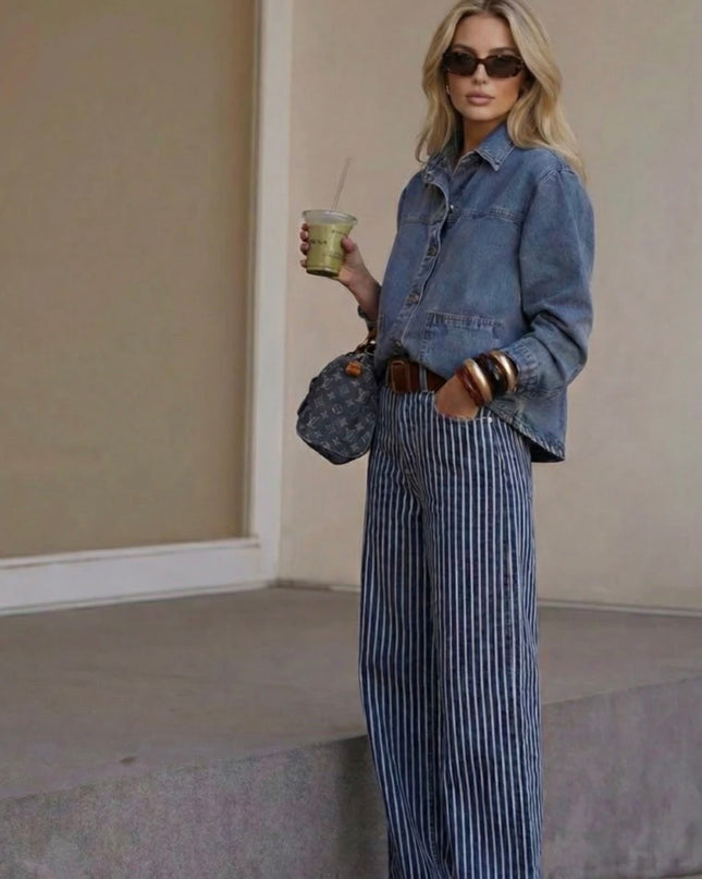 Jane Pinstripe Wide Leg Jean - Dark Denim