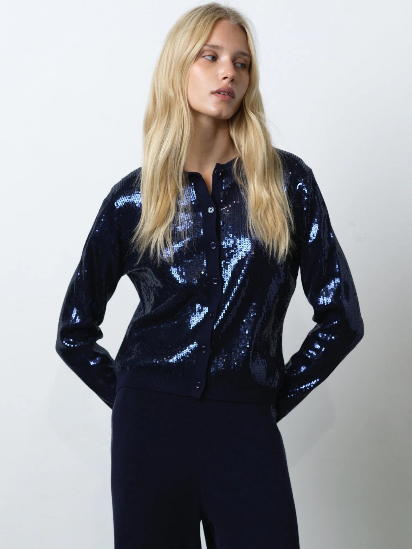 Hannah Knit Sequin Long Sleeve Button Through Top - Navy