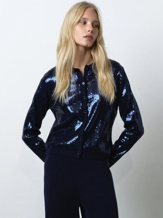 Hannah Knit Sequin Long Sleeve Button Through Top - Navy