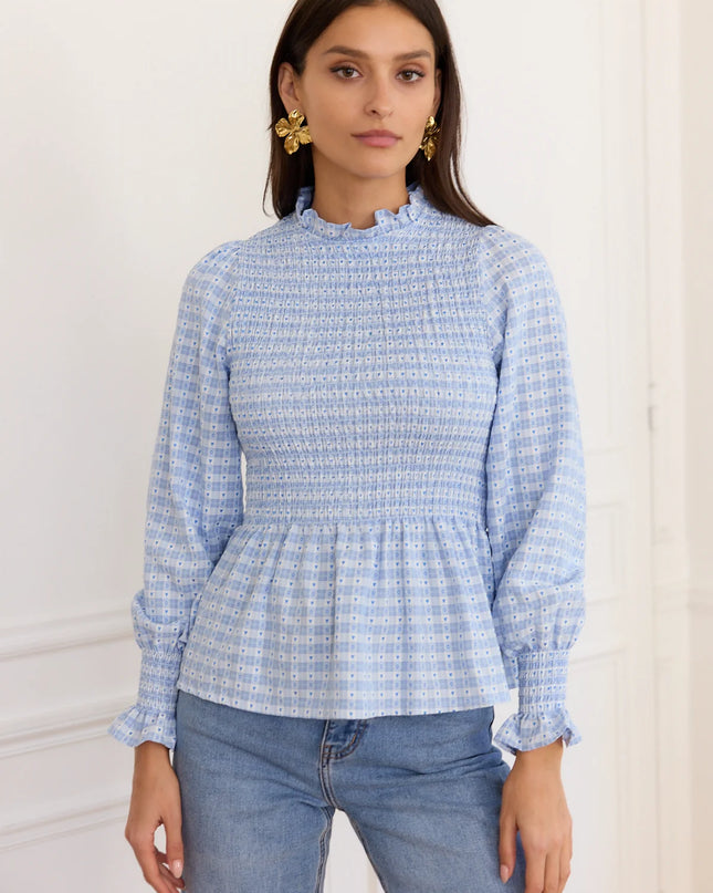 Margot Smocked Geometric Blouse - Blue
