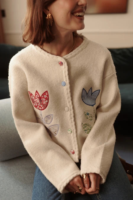 Layla Soft Knit Floral Cardigan - Beige