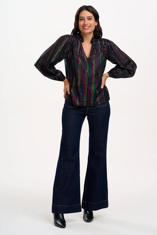 Sugarhill Brighton - Electra Shirred Top - Black, Metallic Rainbow Stripe