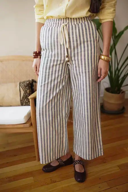Lexie Natural Pinstripe Linen Blend Trouser - Blue