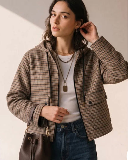 Pippa Short Hooded Plaid Jacket - Beige